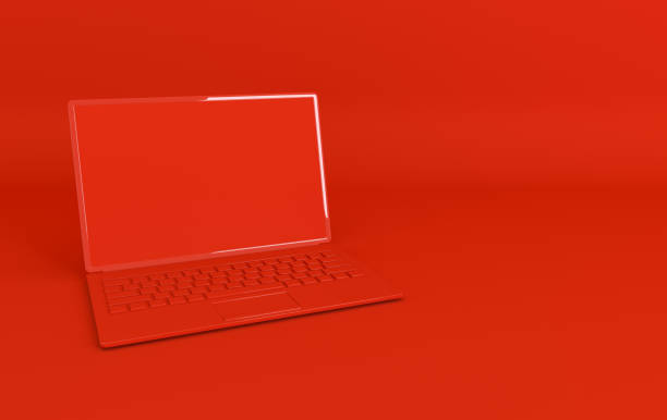 istock Laptop mockup background in modern minimal style. Notebook 3d render in red color. Technology gadget concept 1159096441
