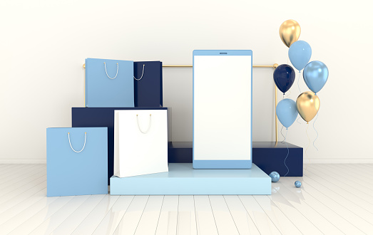 Smartphone, shopping bag, balloons mockup background in minimal style. Frameless  mobile phone 3d render. Technology gadget concept. Set of platforms, podium for product presentation