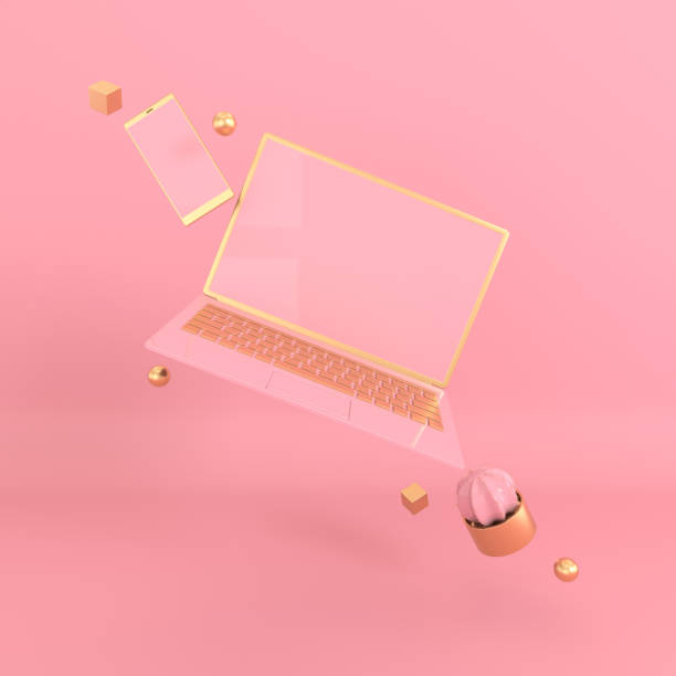 istock Laptop and phone mock-up background in modern minimal style. Notebook, smartphone and cactus 3d render. Technology gadget concept. Pastel and gold colors 1159096489