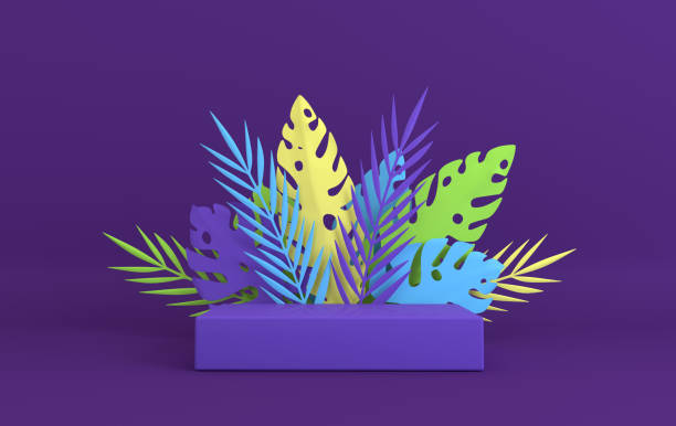 istock Tropical paper palm, monstera leaves frame, podium platform for product presentation. Summer tropical leaf. Origami exotic hawaiian jungle, summertime background. Paper cut 3d render 1159096495
