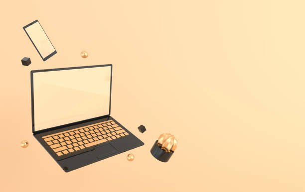 istock Laptop and phone mock-up background in modern minimal style. Notebook, smartphone and cactus 3d render. Technology gadget concept. Black and gold colors 1159096497