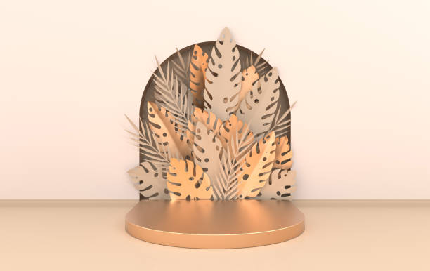 istock Wall scene with arch, tropical paper palm, monstera leaves and frame, podium platform for product presentation. Summer tropical leaf. Pastel and gold colors. Paper cut 3d render 1159096505