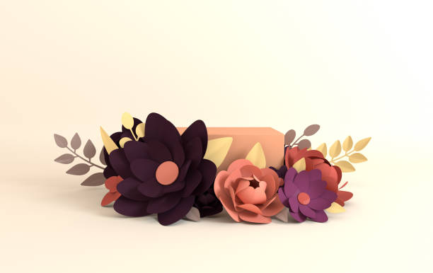 istock Paper flowers and leaves frame, podium platform for product presentation. Summer or spring colorful background. Paper cut 3d render mock up 1159096507