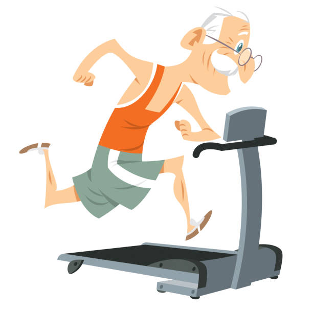 Old man running on treadmill Vector old man running on treadmill cartoon of the older people exercising gym stock illustrations
