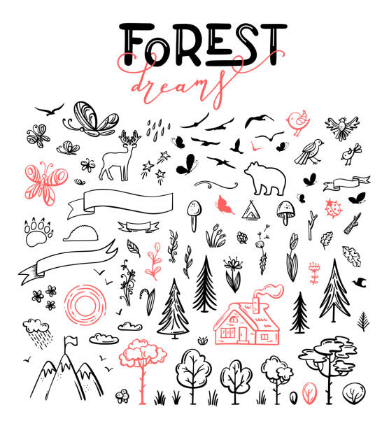 Vector set of forest hand drawn doodles. Outlined house in the woods, trees and bushes, wild deer, bear, hedgehog, ribbons, various flowers and butterflies. adventure clipart stock illustrations