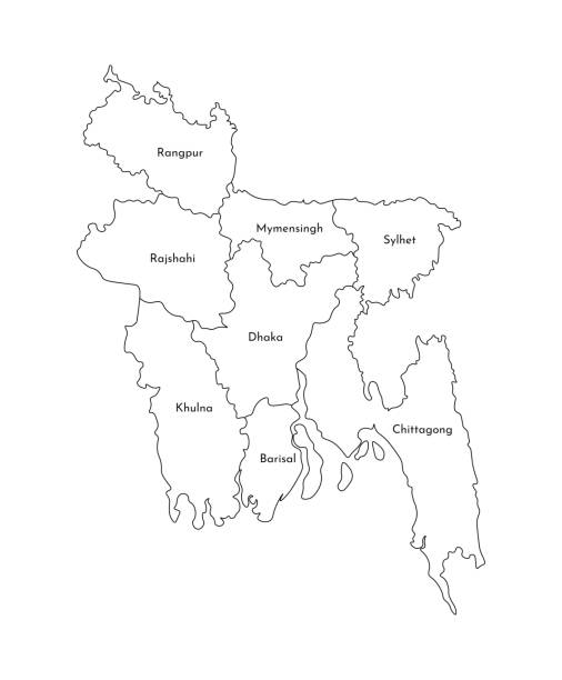ilustraciones, imágenes clip art, dibujos animados e iconos de stock de ilustración aislada vectorial del mapa administrativo simplificado de bangladesh. bordes y nombres de las regiones. siluetas de línea negra - bangladesh map