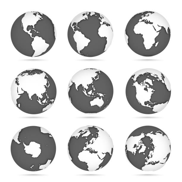 globus setzen grau und weiß, vektor-symbole erde mit umriss kontinente. weißer kontinent und graues wasser. - map square shape usa global communications stock-grafiken, -clipart, -cartoons und -symbole