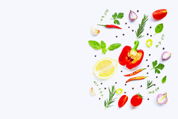 istock Various fresh vegetables and herbs on white background. Healthy eating concept 1159102932