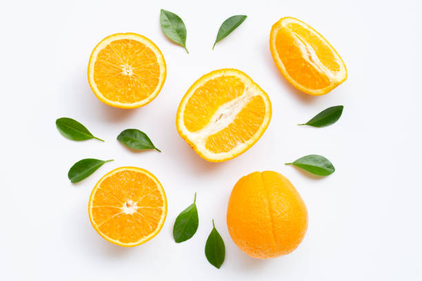 istock High vitamin C. Fresh orange citrus fruit with leaves isolated on white background. 1159106077