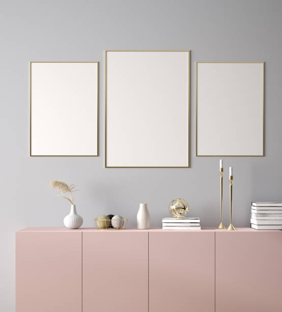 istock Poster, wall mockup with cabinet and decor in interior background 1159114325