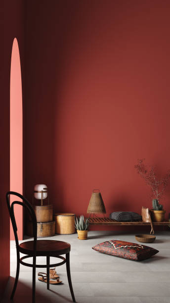 istock Rustic Home interior mockup with bench,chairs and decor in red room 1159114326