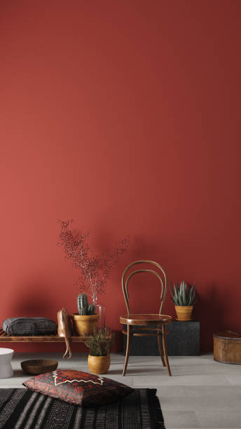 istock Rustic Home interior mockup with bench,chairs and decor in red room 1159114327