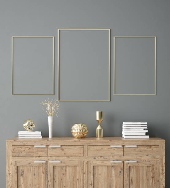 istock Poster, wall mockup with cabinet and decor in interior background 1159114328