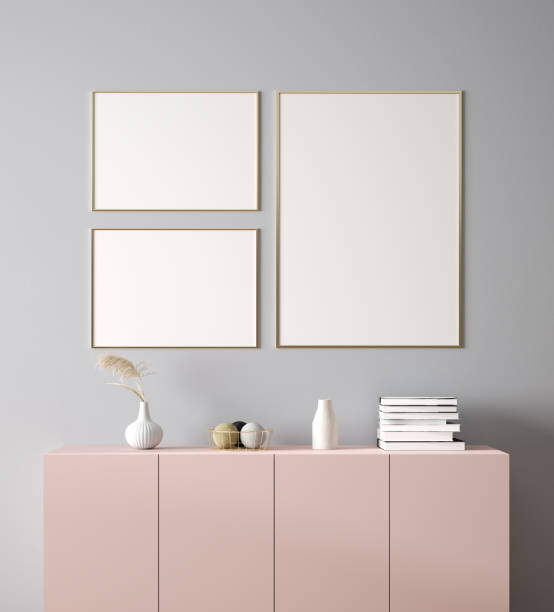 istock Poster, wall mockup with cabinet and decor in interior background 1159114334