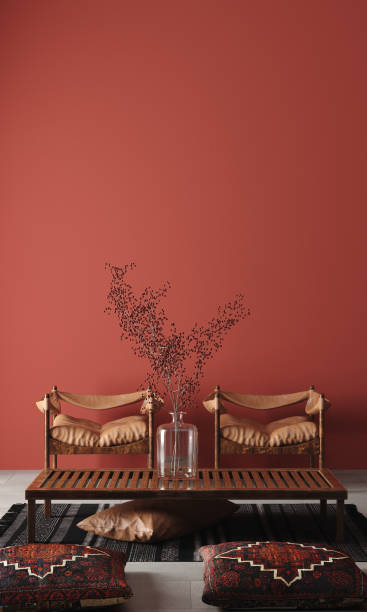 istock Rustic Home interior mockup with bench,chairs and decor in red room 1159114336