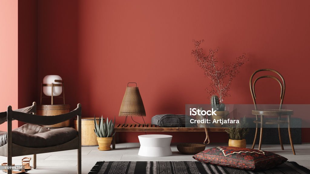 Rustic Home interior mockup with bench,chairs and decor in red room Rustic Home interior mockup with bench,chairs and decor in red room, 3d rendering Red Stock Photo