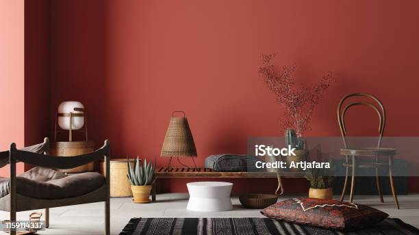 Rustic Home Interior Mockup With Benchchairs And Decor In Red Room Stock Photo - Download Image Now