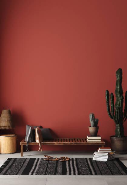 istock Rustic Home interior mockup with bench,chairs and decor in red room 1159114338