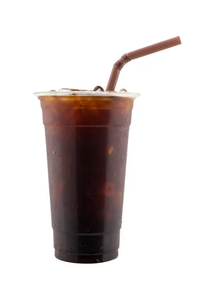 Iced black coffee with straw in transparent plastic cup isolated on white background