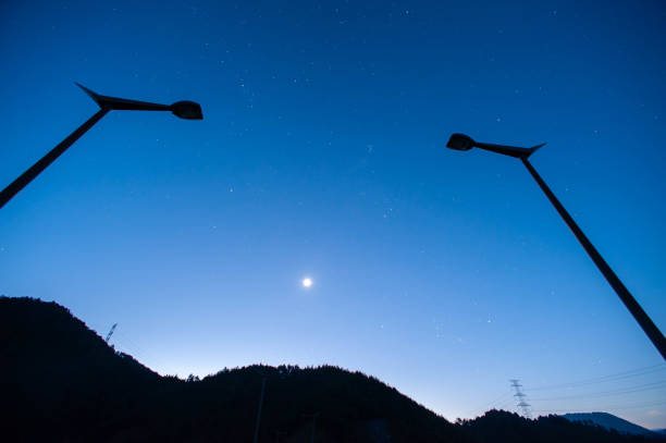 istock Dawn blue sky and moon and streetlight 1159115583