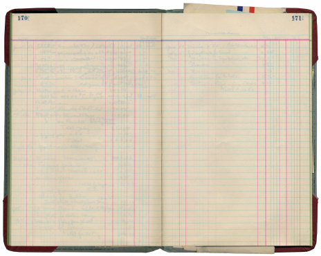 Blank pages of a ledger book from the 1920's. Writing on reverse shows faintly through the pages. Large, sharp scan.