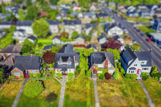Tiny Suburban Neighborhood Aerial photo of a quaint American suburban neighborhood with tilt-shift lens effect applied tilt shift stock pictures, royalty-free photos & images
