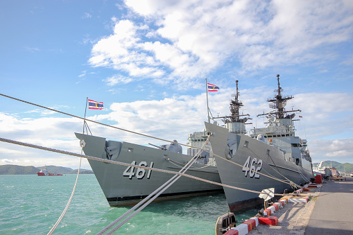 Chonburi ,Thailand-September 21,2013:2 Battle ship stop near HTMS Chakri Naruebet is biggest in Thai Military Battleship at Chonburi ,Thailand