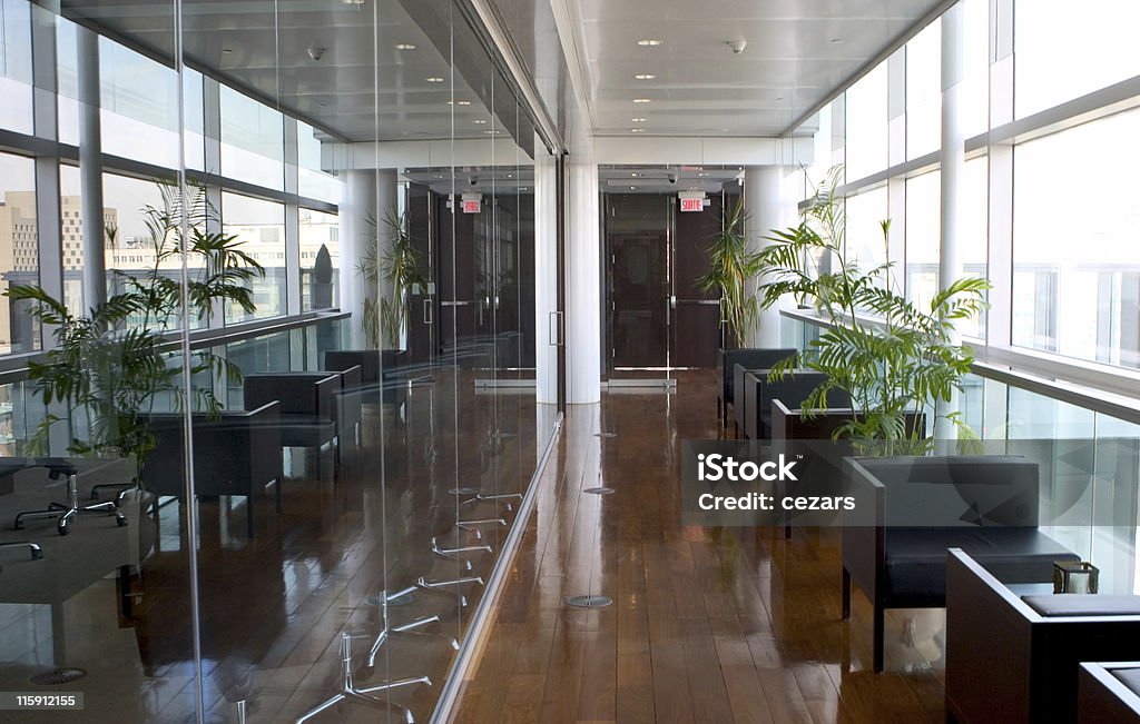 Sleek mirrored office space, with large windows & wood floor Lens used: Canon 24-70L. Adventure Stock Photo