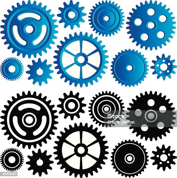 Vetores de Conjunto De Maquinário Gears E Peças e mais imagens de Dente de Engrenagem - Dente de Engrenagem, Equipamento, Grupo de Objetos