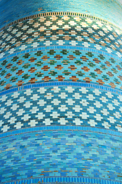 Geometric and floral background, blue and golden ceramic tiles on the wall of the of Kalta Minor Minaret in ancient city Khiva