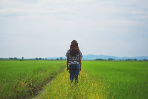 istock a woman standing and looking at a beautiful rice field 1159132468