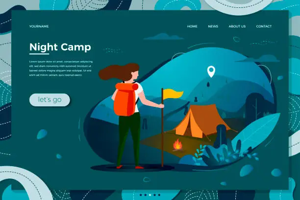 Vector illustration of Vector tourist girl with backpack, night camping