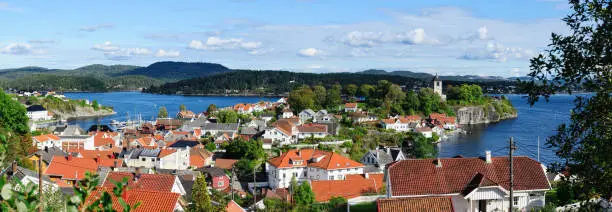 Porsgrunn, Telemark, Norway- SEP 18, 2017: Panorama view of old town and local sea port for travel  in Brevik village, Porsgrunn, Norway