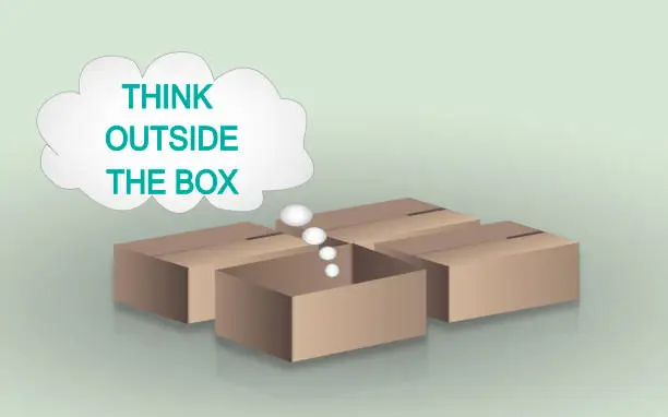 Vector illustration of Opened box with bubble. Think outside the box.