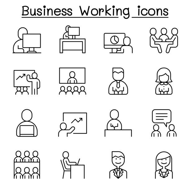 ilustraciones, imágenes clip art, dibujos animados e iconos de stock de icono de trabajo empresarial ambientado en estilo de línea delgada - symbol financial occupation seminar computer icon