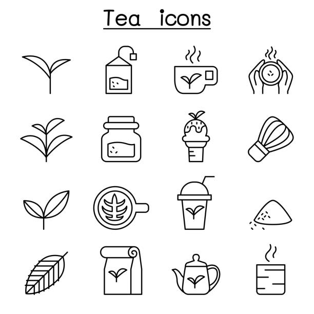 illustrazioni stock, clip art, cartoni animati e icone di tendenza di icona del tè impostata in stile linea sottile - tè raccolto