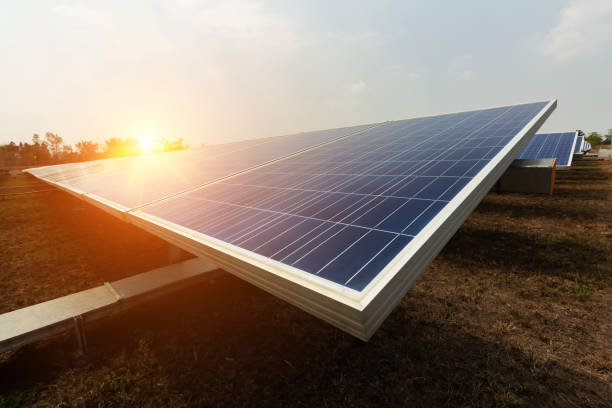 Solar panel, alternative electricity source, concept of sustainable resources, And this is a new system that can generate electricity more than the original, This's the sun tracking systems stock photo