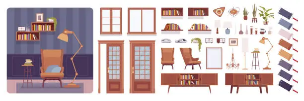 Vector illustration of Living room interior and design construction set