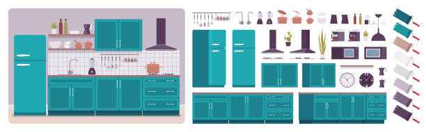 ilustrações, clipart, desenhos animados e ícones de interior do quarto da cozinha e jogo da construção do projeto - cabinet