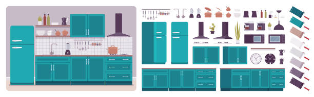 Kitchen room interior and design construction set Kitchen room interior, home creation set, ultramarine cabinet, vent hood, kit with furniture, constructor elements to build your own design. Cartoon flat style infographic illustration, color palette domestic kitchen stock illustrations