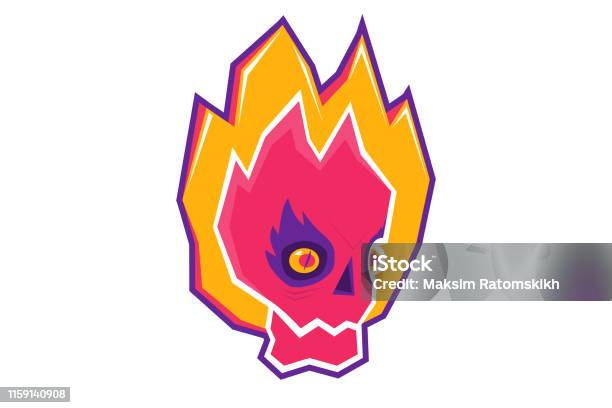 Membakar Tengkorak Dengan Lidah Api Dalam Gaya Kartun Stiker Doodle