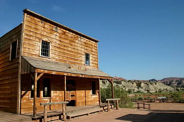 Replica of a saloon in Utah that was used in many early old western movies.  (Note: "Lost Lady" is dummy sign, not a real trademark)