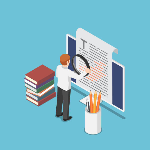 essay writing clip art images Isometric businessman proofreading a document on pc monitor Flat 3d isometric businessman proofreading a document on pc monitor. proofread and content writing concept. essay writing stock illustrations