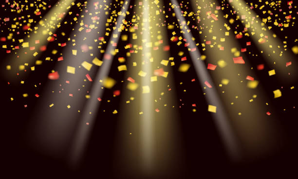 istock Gold glitter realistic confetti and tinsel flying on black holiday vector graphic design. Rain flying sparkle elements, gold foil gradient serpentine confetti falling christmas vector isolated 1159143354