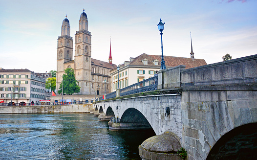 Zurich sightseeing Munsterbrucke bridge and Great Minster Cathedral (Grossmunster)
