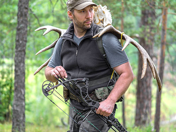 A hunter with a bow in the woods carries moose horns on his back and looking by side.