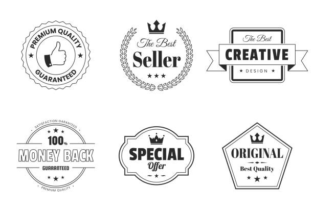 ilustrações de stock, clip art, desenhos animados e ícones de set of badges and labels (outline, line art) - design elements - crown black banner white