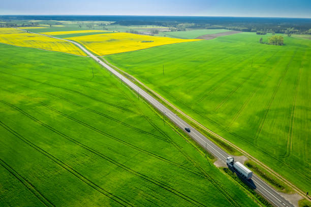 istock Moving cars on a road between green fields in Poland 1159151395