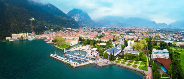 Riva del Garda port aerial panoramic view. Riva is a town at the northern tip of the Lake Garda in the Trentino Alto Adige region in Italy.
