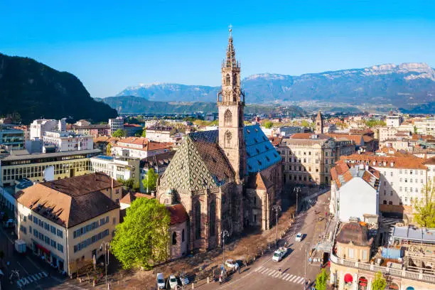 Bolzano Cathedral or Duomo di Bolzano aerial panoramic view, located in Bolzano city in South Tyrol, Italy